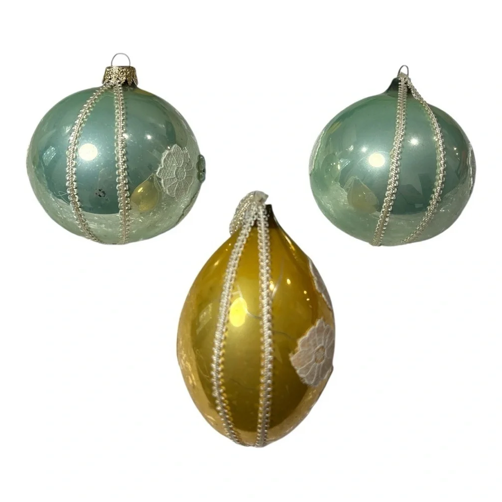 Vintage Lace Bead Trim Decorated Glass Christmas Ball Ornaments Lot 3